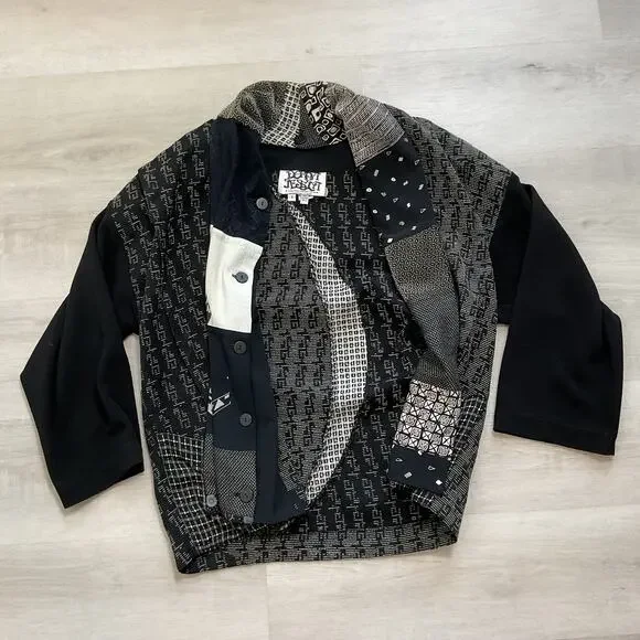 Vintage Donna Jessica Boho Art To Wear Patchwork Blazer Black and White Size 1 - Picture 2 of 12